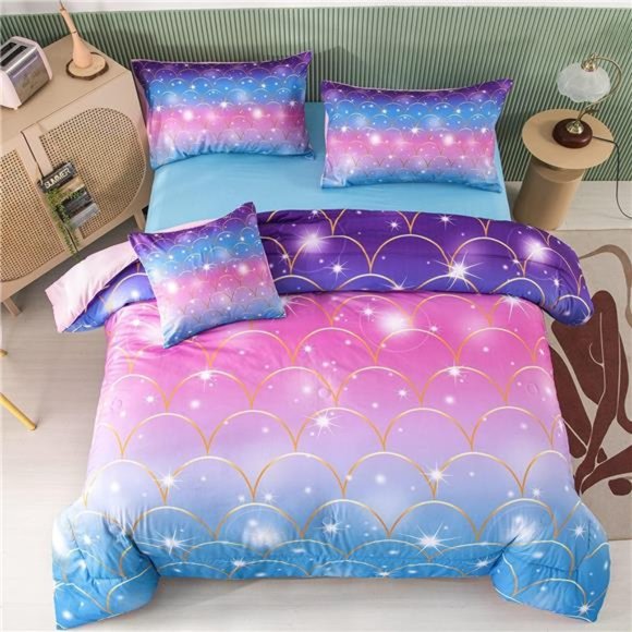 6Pcs Mermaid Scale Comforter Sets TwinSize,3D Pink Glitter Bed in A Bag for Teen - Picture 1 of 7